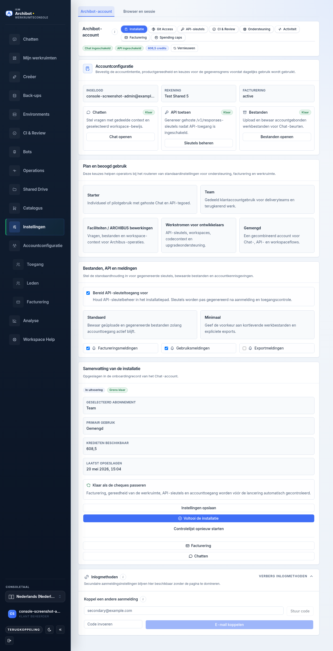 The Setup tab inside the ArchiBot account section of Settings, showing the Account setup card, plan and intended use choices, and the Setup summary side panel.