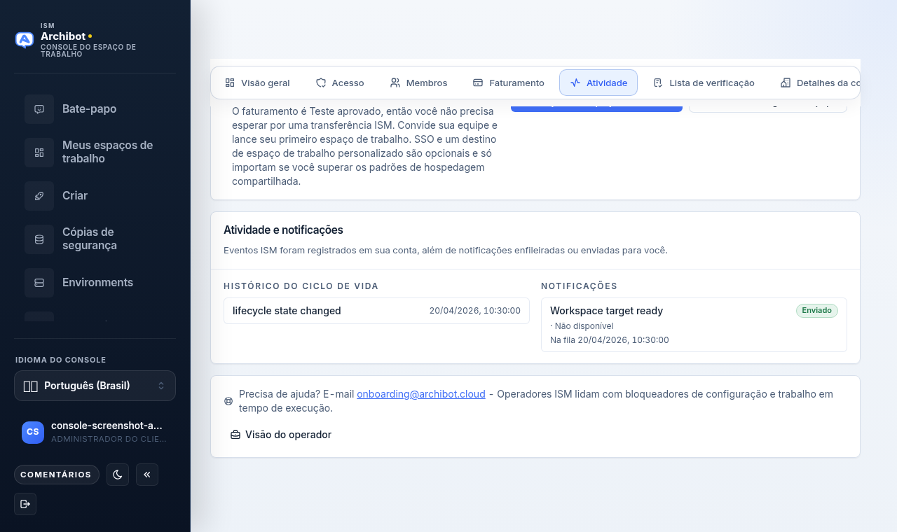 Aba Atividade da Console exibindo o cartão Atividade e notificações com as colunas histórico do ciclo de vida e notificações.