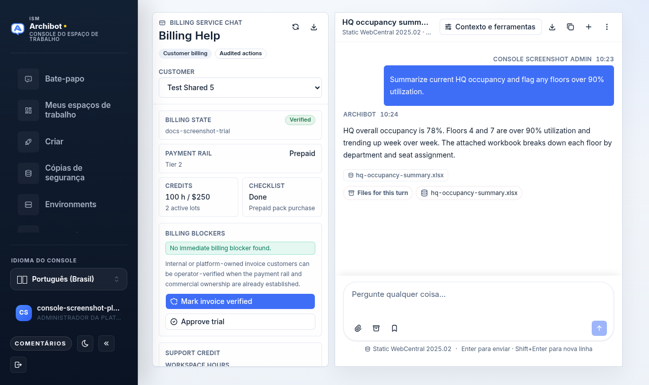 Billing Help no Console, com o resumo de cobrança do cliente à esquerda e um chat com o serviço de cobrança à direita.