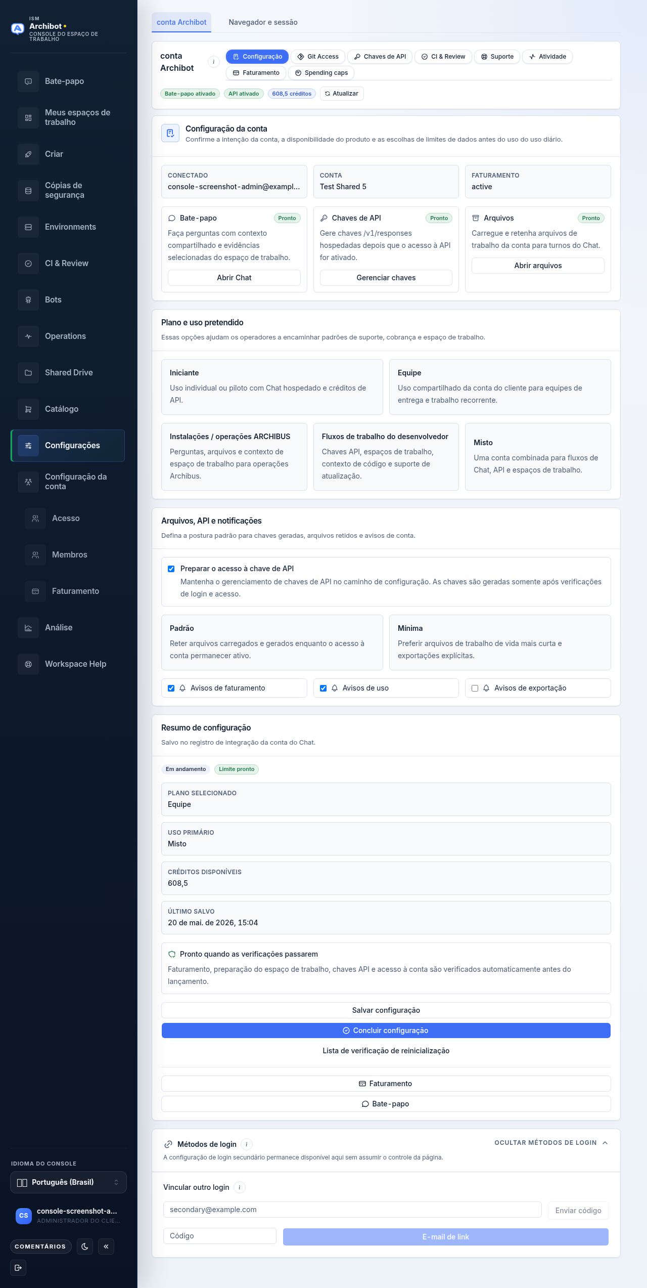 The Setup tab inside the ArchiBot account section of Settings, showing the Account setup card, plan and intended use choices, and the Setup summary side panel.