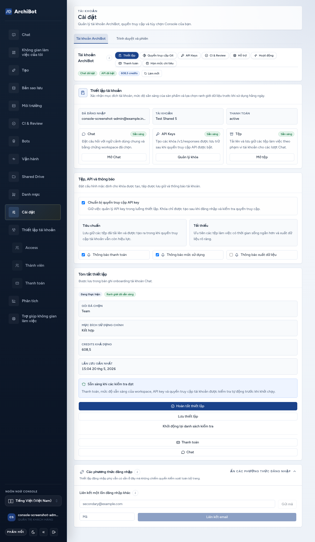 The Setup tab inside the ArchiBot account section of Settings, showing the Account setup card, plan and intended use choices, and the Setup summary side panel.