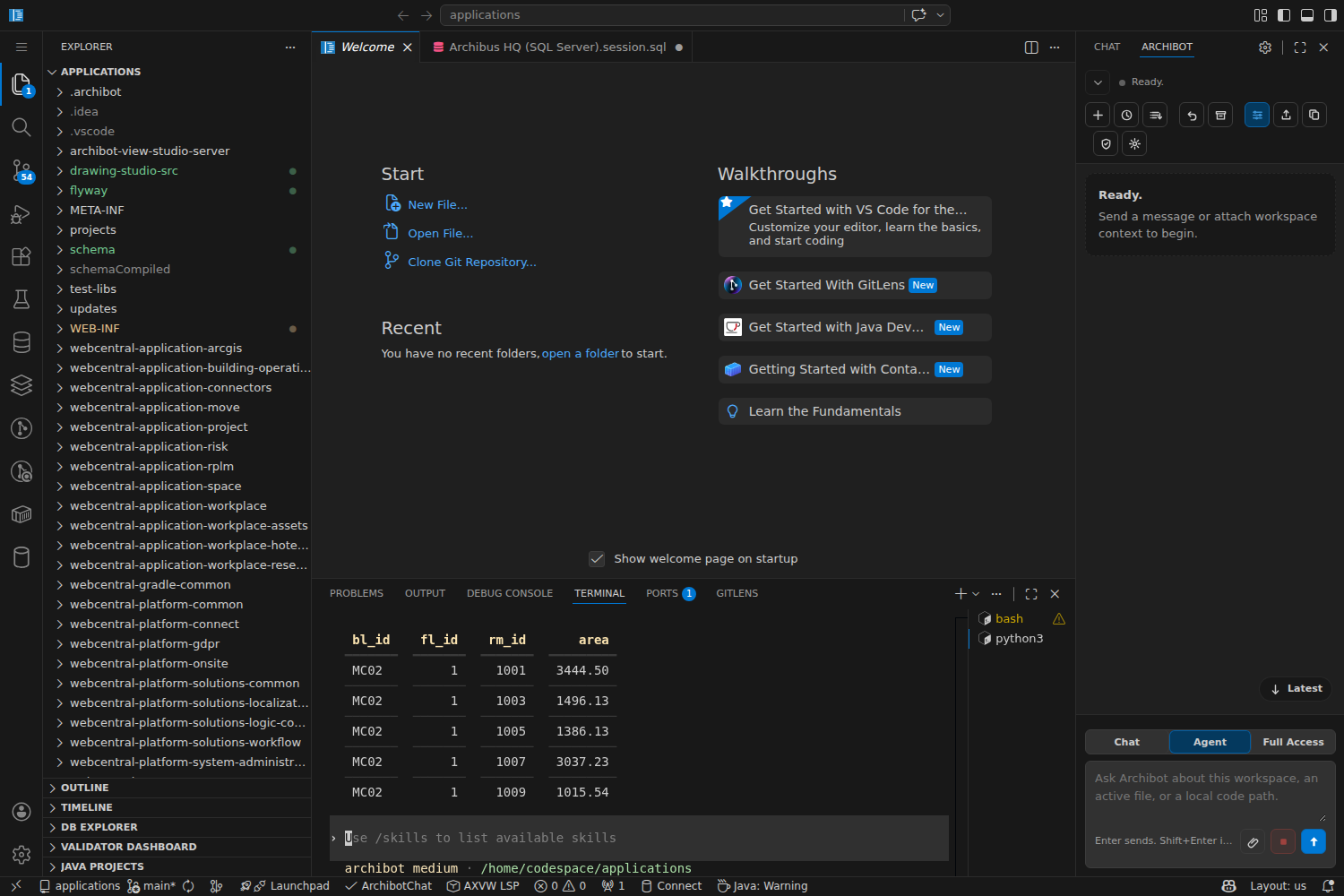 The workspace bot running a read-only SQL query and returning a table of room rows in the terminal.