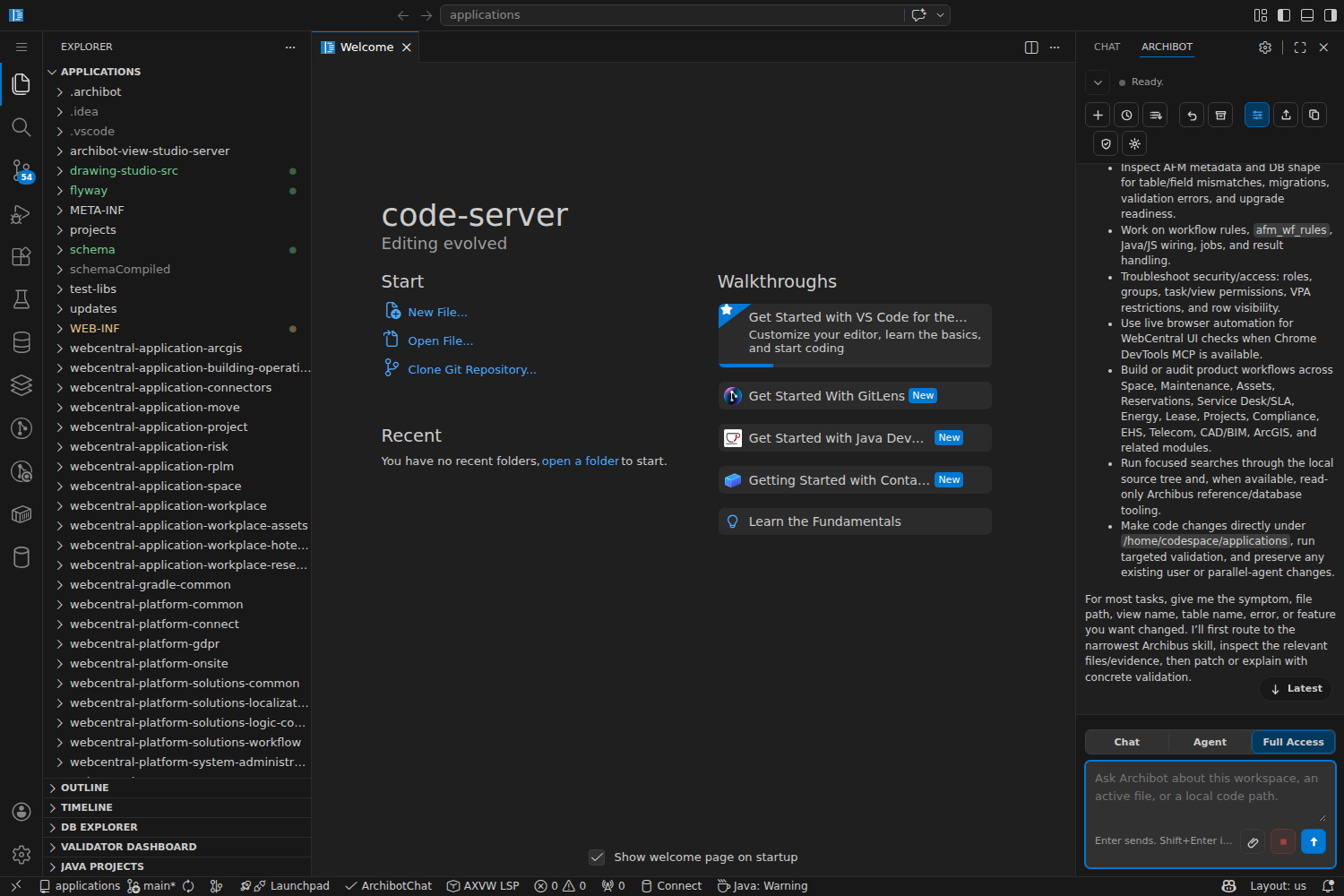 The ArchiBot panel in the code-server sidebar answering a question, with its Chat, Agent, and Full Access modes and message box.