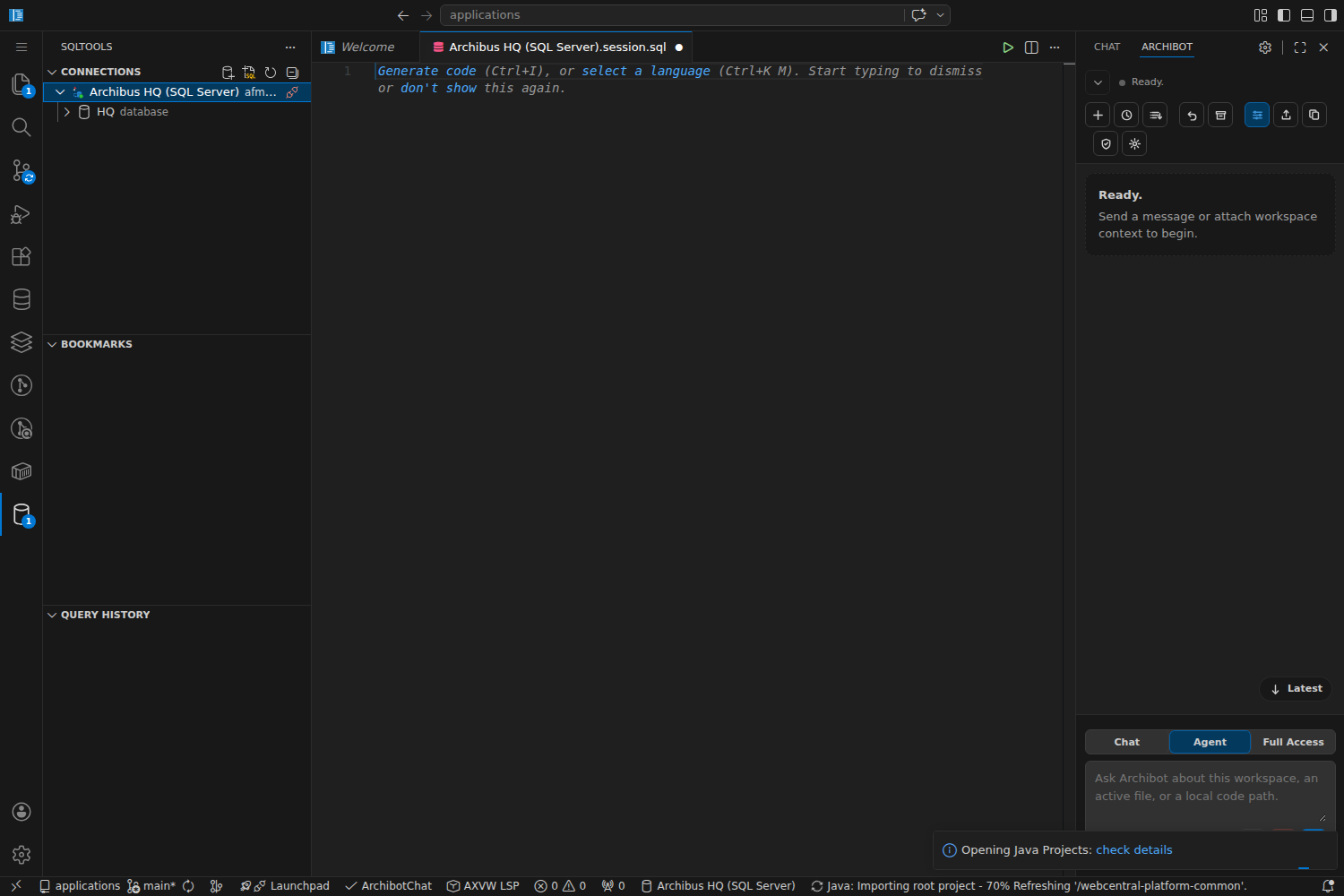 The SQLTools panel in code-server with a pre-configured connection to the workspace database expanded to its schema.